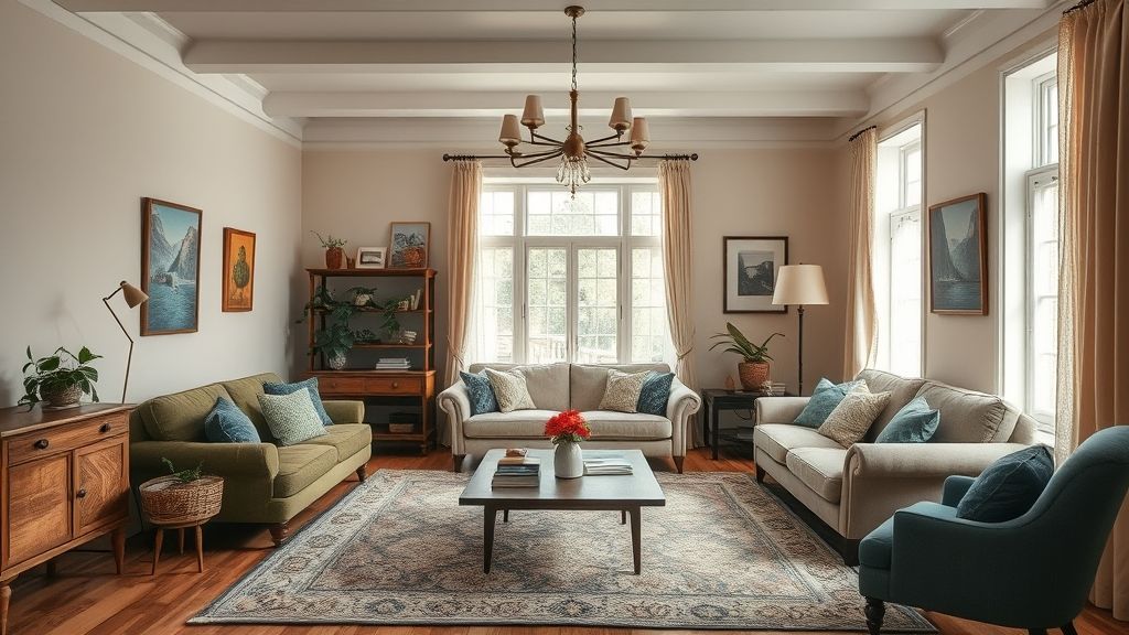 Sala de estar com móveis antigos e modernos em equilíbrio visual.