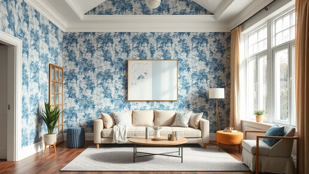 Sala elegante com papel de parede floral azul e móveis neutros.