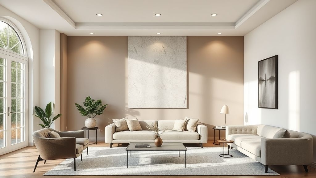 Sala de estar moderna com parede decorada, luz natural e mobília contemporânea.
