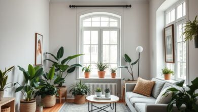 Sala moderna decorada com plantas que purificam o ar, próxima a janela iluminada.