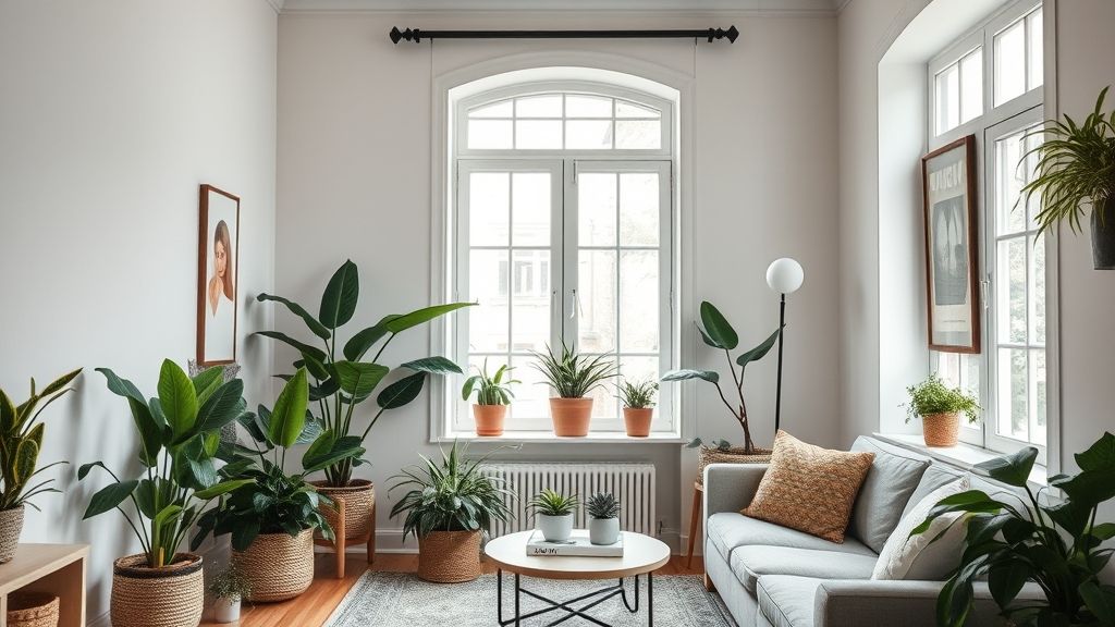 Sala moderna decorada com plantas que purificam o ar, próxima a janela iluminada.