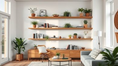 Sala de estar moderna com prateleiras de madeira flutuantes decoradas com livros e plantas.