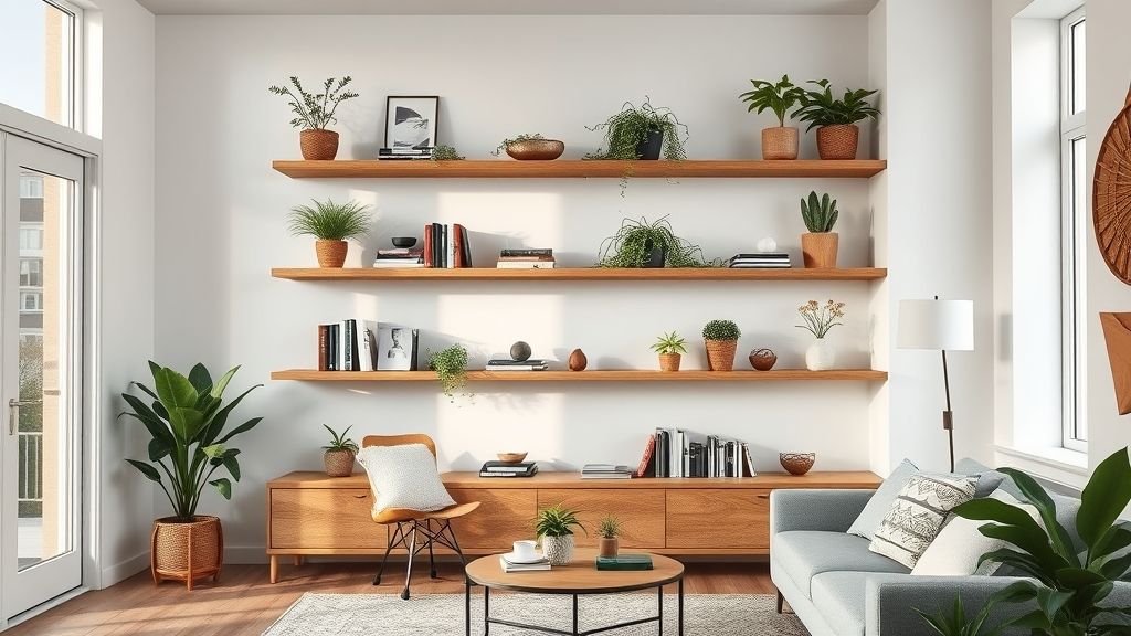 Sala de estar moderna com prateleiras de madeira flutuantes decoradas com livros e plantas.
