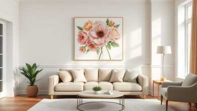 Sala de estar moderna com trio de quadros florais em tons pastel sobre o sofá.
