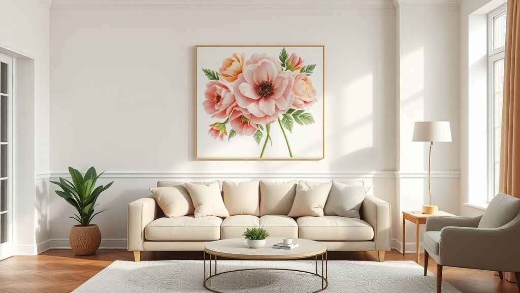 Sala de estar moderna com trio de quadros florais em tons pastel sobre o sofá.