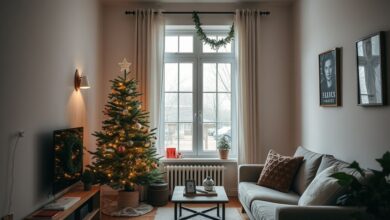 Sala aconchegante de apartamento com árvore de Natal slim, guirlanda e luzes de LED.