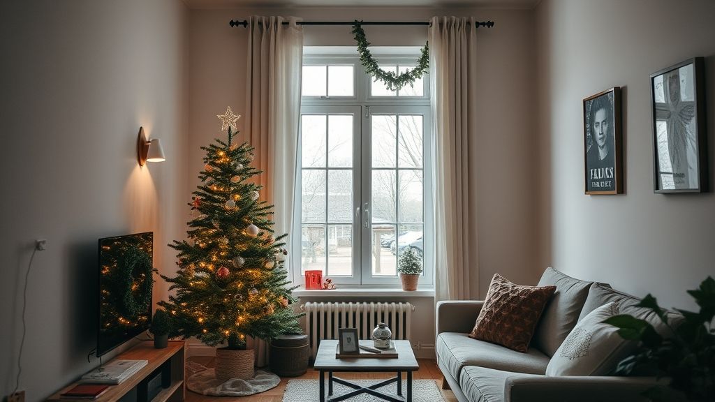 Sala aconchegante de apartamento com árvore de Natal slim, guirlanda e luzes de LED.