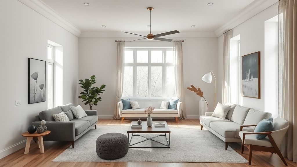 Sala moderna com decoração contemporânea para aluguel e móveis neutros removíveis