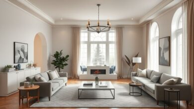 Sala ampla com móveis modernos, iluminação aconchegante e detalhes de design sofisticados.