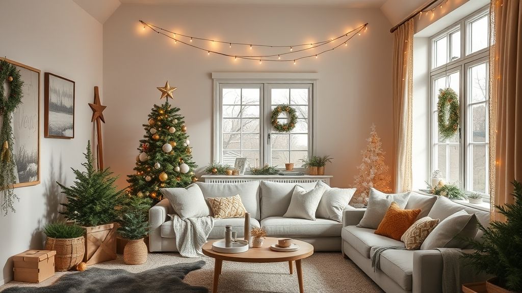 Sala aconchegante com enfeites de Natal para decoração 2025 sustentáveis e iluminados