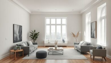 Ambiente de sala moderna projetado com apoio de inteligência artificial.