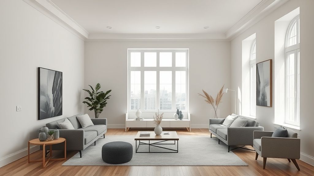 Ambiente de sala moderna projetado com apoio de inteligência artificial.