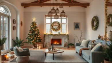 Sala moderna decorada para o Natal 2025 com cores neutras e enfeites artesanais.