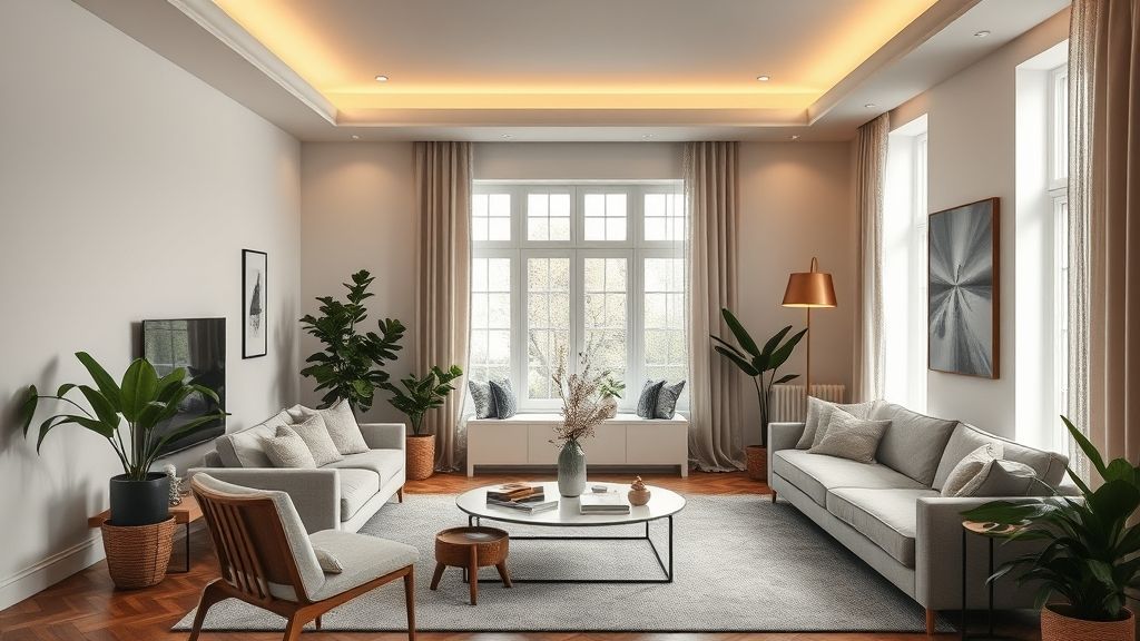 Sala de estar moderna com iluminação equilibrada, plantas e toques de decoração refinados.