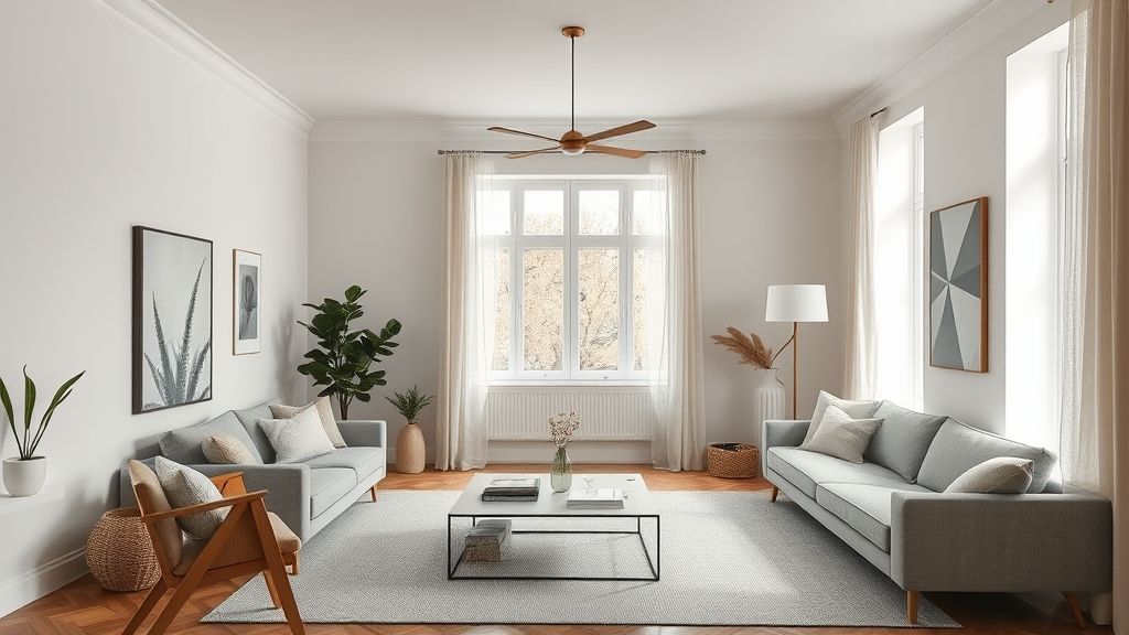 Sala de estar moderna e organizada com paleta neutra.