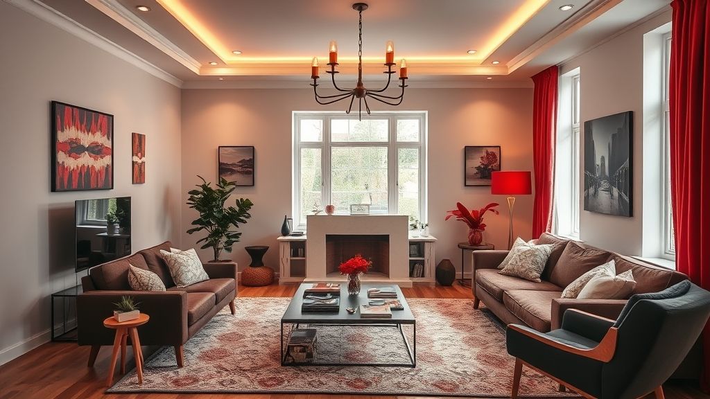Sala final com detalhes vermelhos sutis e iluminação aconchegante.
