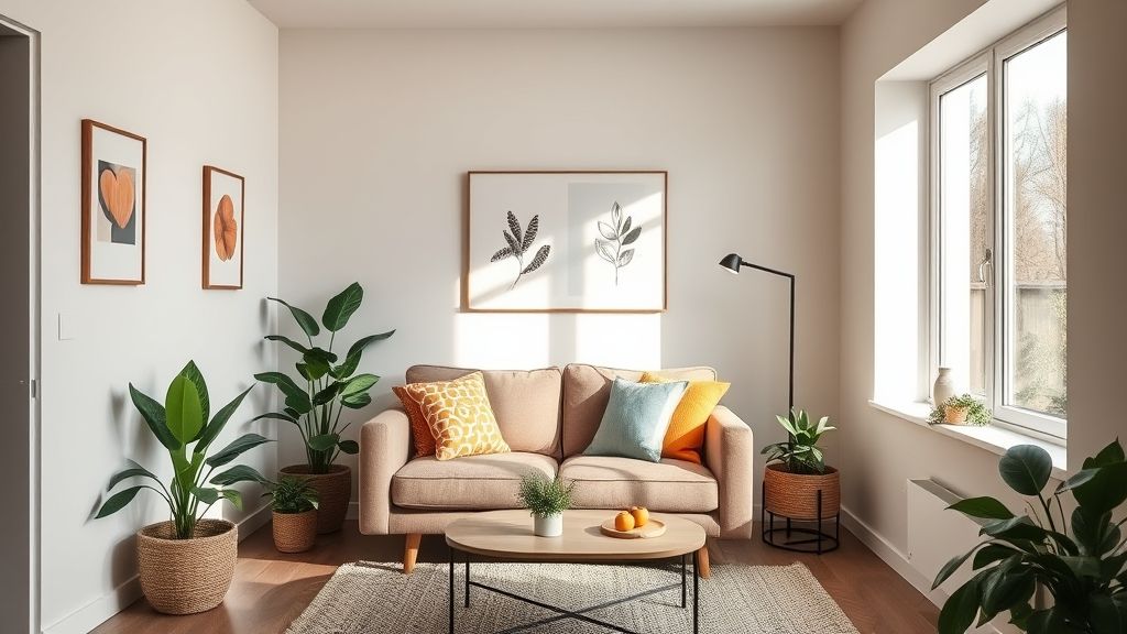Sala decorada com sofá de dois lugares e almofadas coloridas.