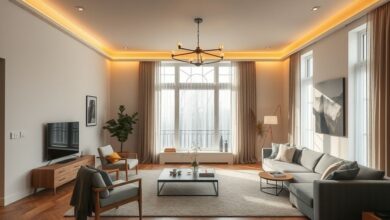 Sala de estar moderna com luminárias pendentes, luz quente e ambiente acolhedor.