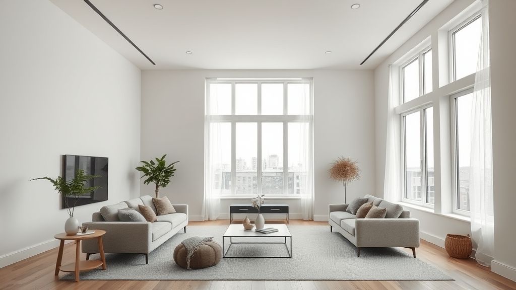 Sala ampla com luz natural, cores neutras e espelhos refletindo claridade.