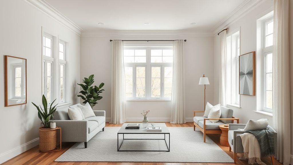 Ambiente interno com decoração neutra e luz natural para destaque em anúncios.