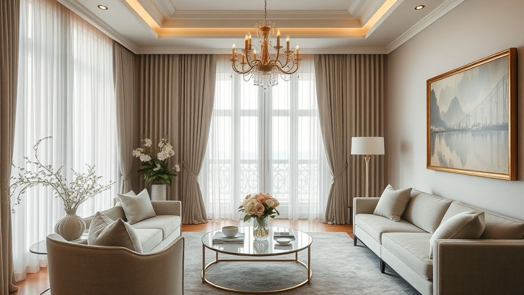 Sala iluminada, com cortinas longas, flores naturais e decoração minimalista sofisticada.