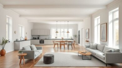 Sala, cozinha e jantar integrados com iluminação natural e decoração neutra.