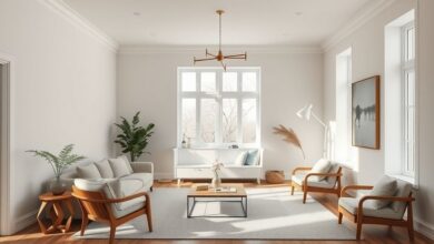 Vista ampla de sala de estar em estilo minimalista 2025, com tons neutros e iluminação natural.