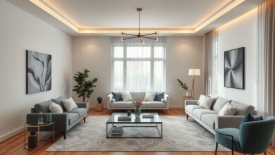 Sala de estar contemporânea projetada com ajuda de inteligência artificial, mostrando harmonia entre móveis e iluminação.