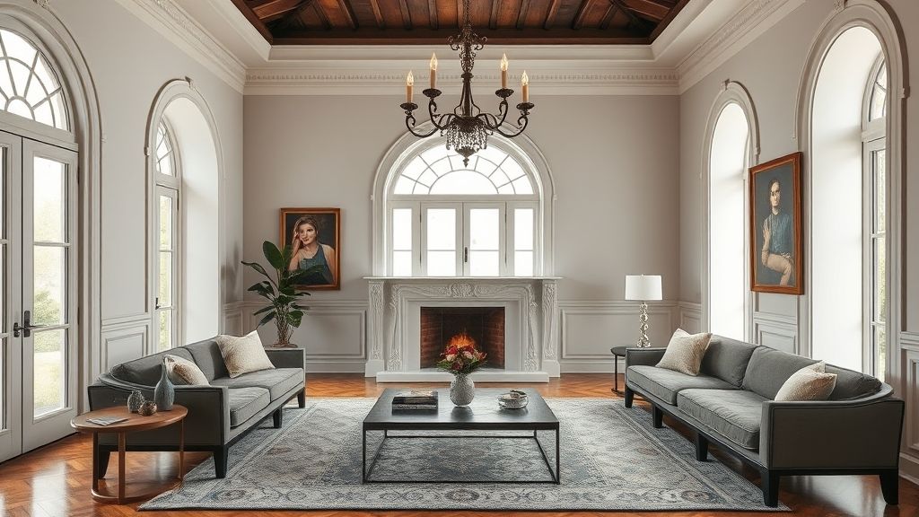 Sala contemporânea com móveis modernos e detalhes barrocos suaves na decoração.