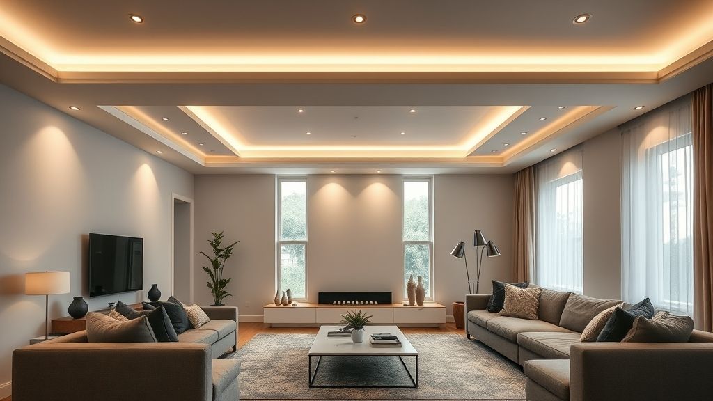 Vista ampla de sala contemporânea com sancas de gesso e luz indireta LED.