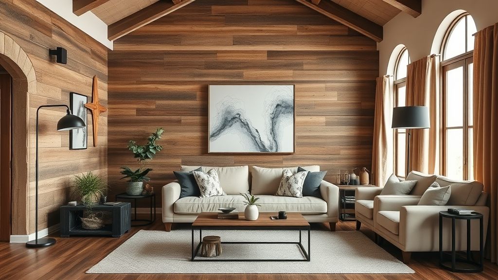 Sala de estar elegante com madeira natural, sofá bege e luminárias de ferro.