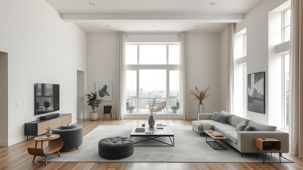 Ambiente contemporâneo com design harmônico, cores neutras e iluminação natural.