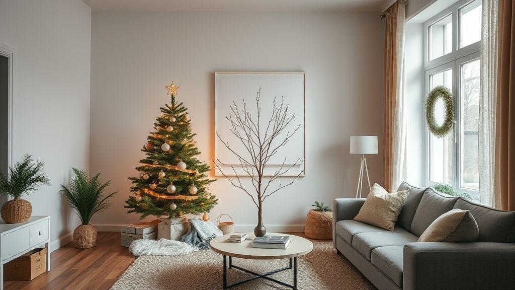 Sala decorada com árvore e enfeites em decoração de Natal minimalista 2025