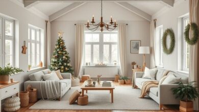 Sala de estar decorada com árvore e enfeites de Natal 2025 em tons neutros e naturais.