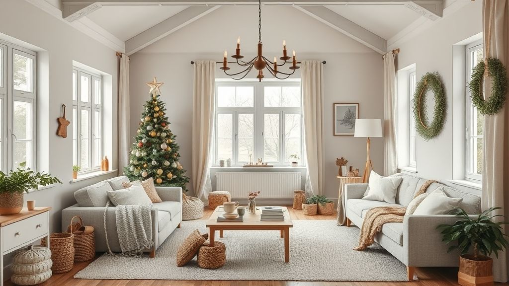 Sala de estar decorada com árvore e enfeites de Natal 2025 em tons neutros e naturais.