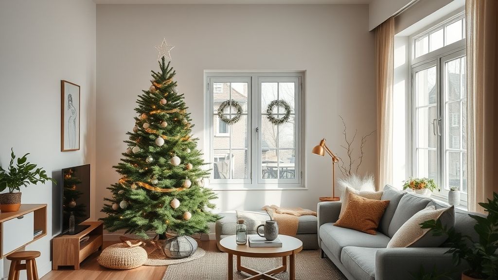 Sala decorada com árvore simples, guirlanda e luzes LED econômicas.