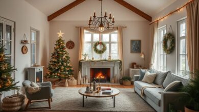 Sala decorada com árvore de Natal, luzes LED e enfeites sustentáveis em tons neutros.