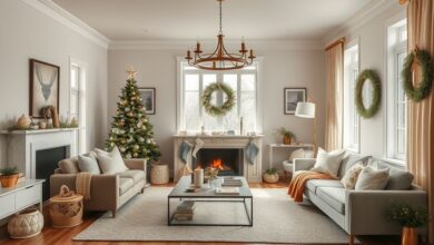 Sala decorada com enfeites de Natal 2025 em tons neutros e dourado, árvore natural e iluminação suave.