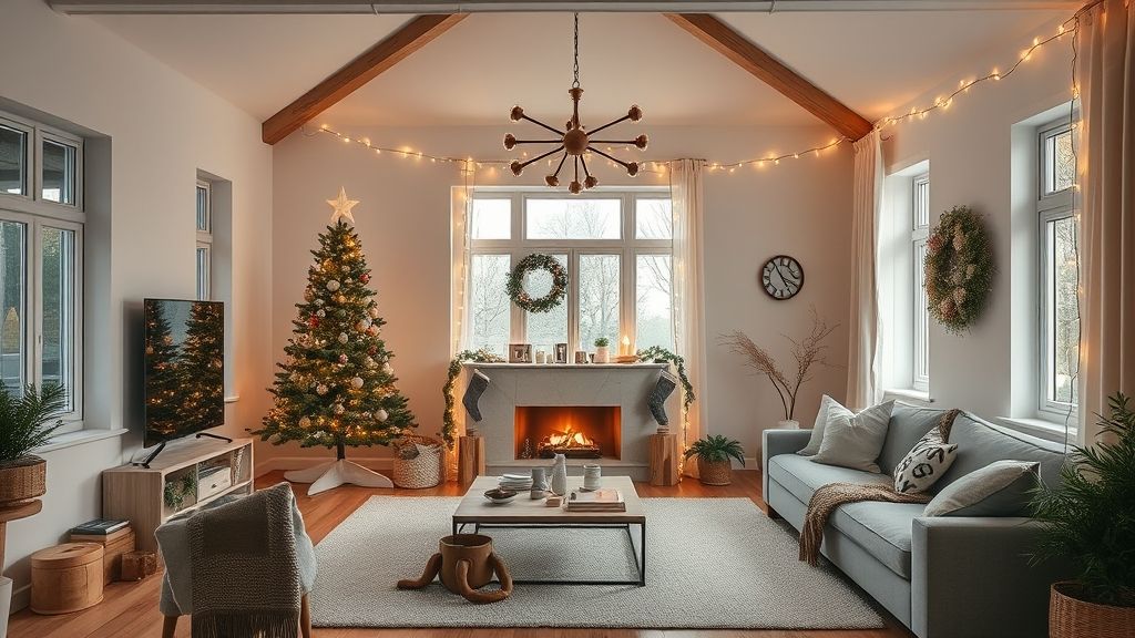 Sala decorada com enfeites de Natal 2025 em estilo sustentável e moderno com luzes e materiais naturais