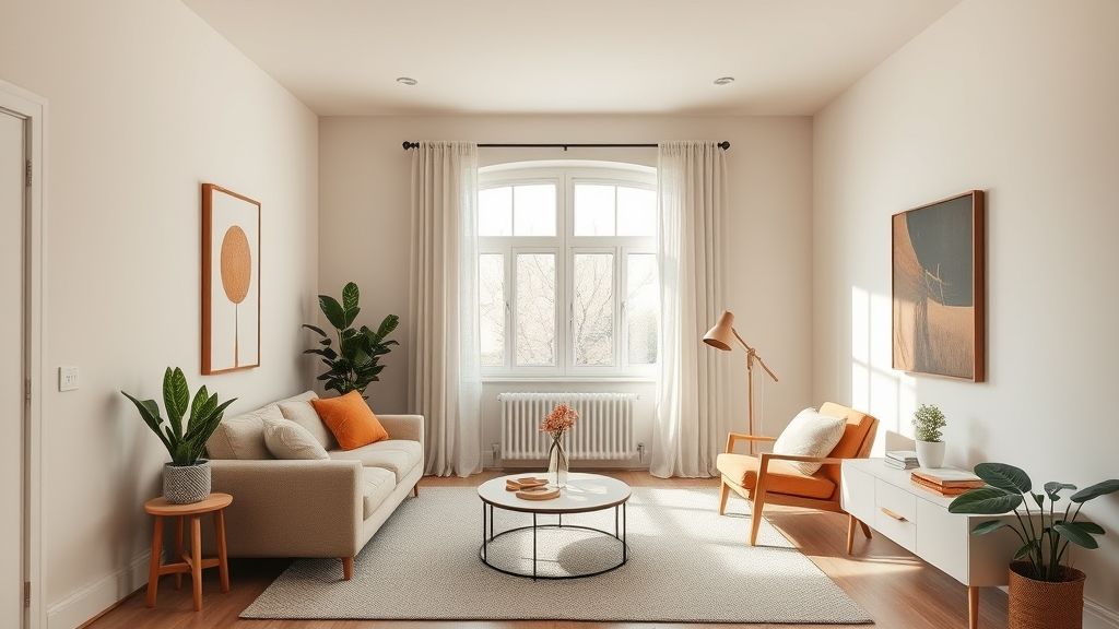 Sala moderna e compacta decorada com paleta em branco, bege e terracota leve.
