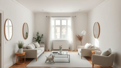 Sala bem decorada com sofás neutros, espelho amplo e iluminação suave.