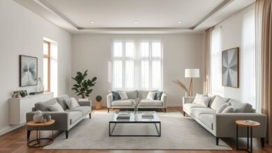 Sala integrada em tons neutros, iluminação quente e móveis elegantes.