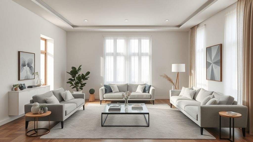 Sala integrada em tons neutros, iluminação quente e móveis elegantes.