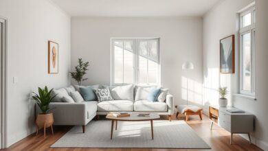 Sala pequena com sofá cinza-claro, iluminação natural e decoração leve.