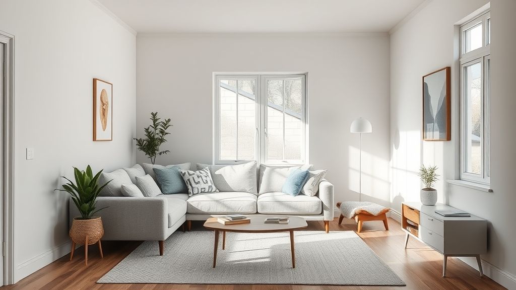 Sala pequena com sofá cinza-claro, iluminação natural e decoração leve.