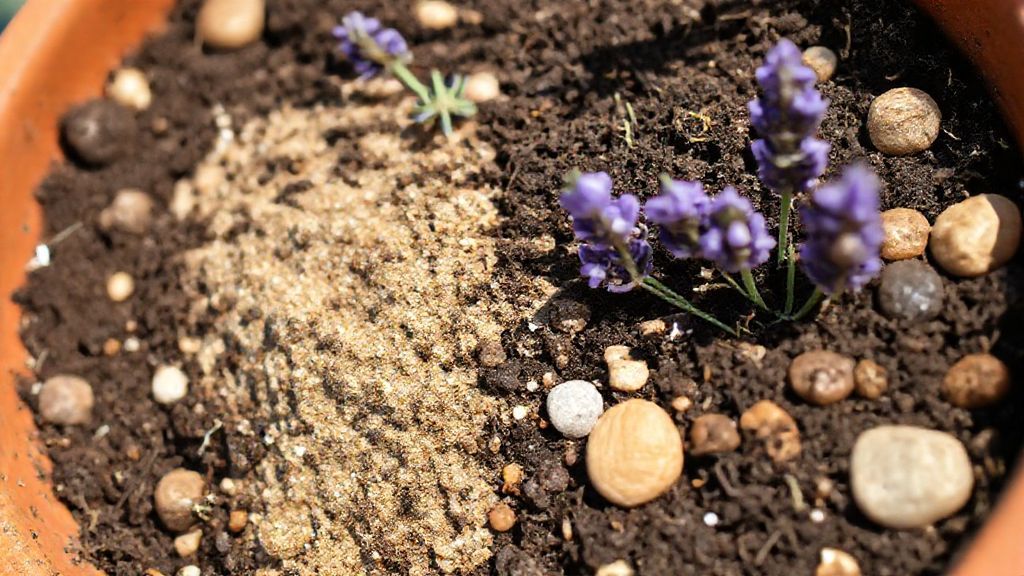 Mistura de terra, areia e pedrinhas para substrato de lavanda em vaso de barro.