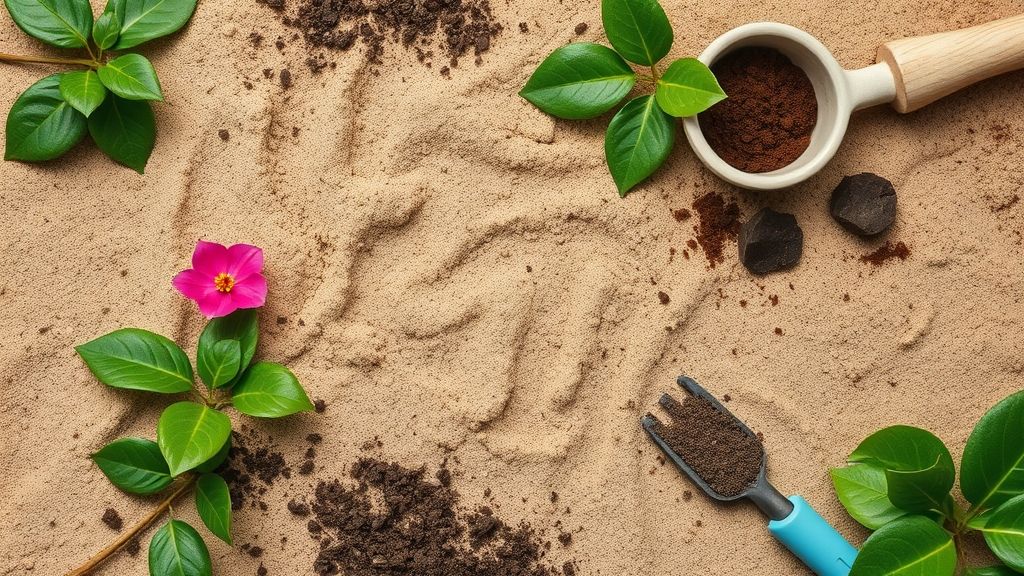 Mistura de terra vegetal, areia e húmus em vaso grande para plantio.