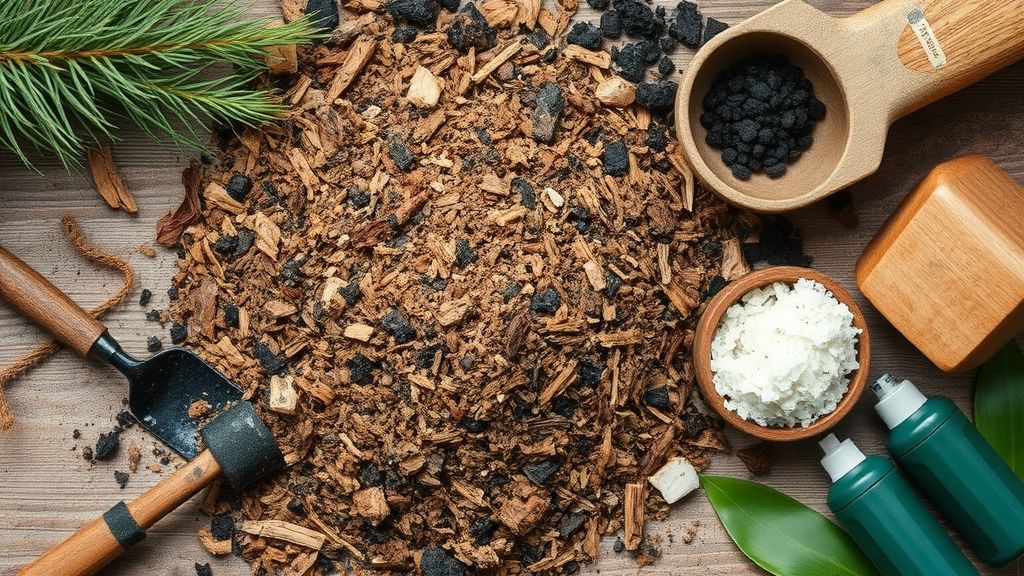 Mistura de casca de pinus, carvão vegetal e fibra de coco em mesa de jardinagem.
