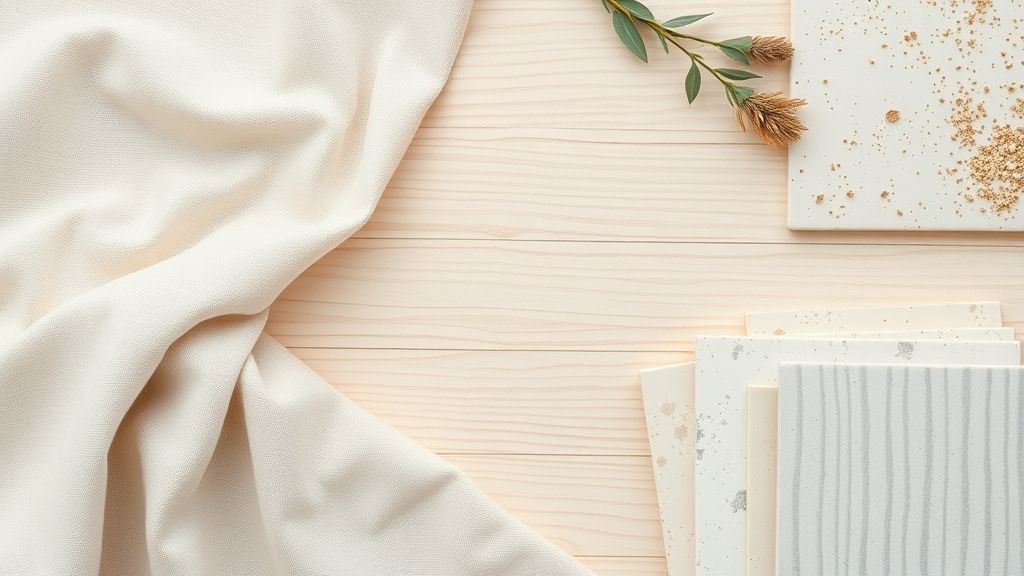 Flat lay de tecidos, cerâmicas e amostras de madeira usados na decoração minimalista 2025.