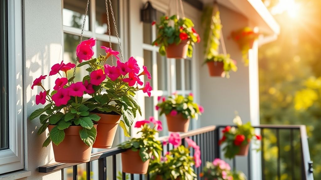Varanda decorada com vasos de gerânios e petúnias em floração.